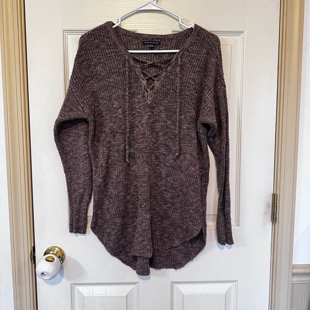 American Eagle Outfitters Women's Brown Lace Up V-neck Sweater Size Medium Boho
